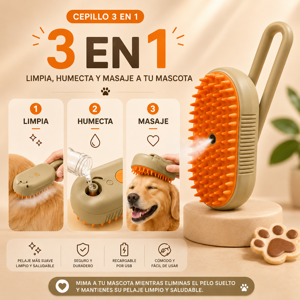VaporBrush | Cepillo 3 en 1 para Perros y Gatos