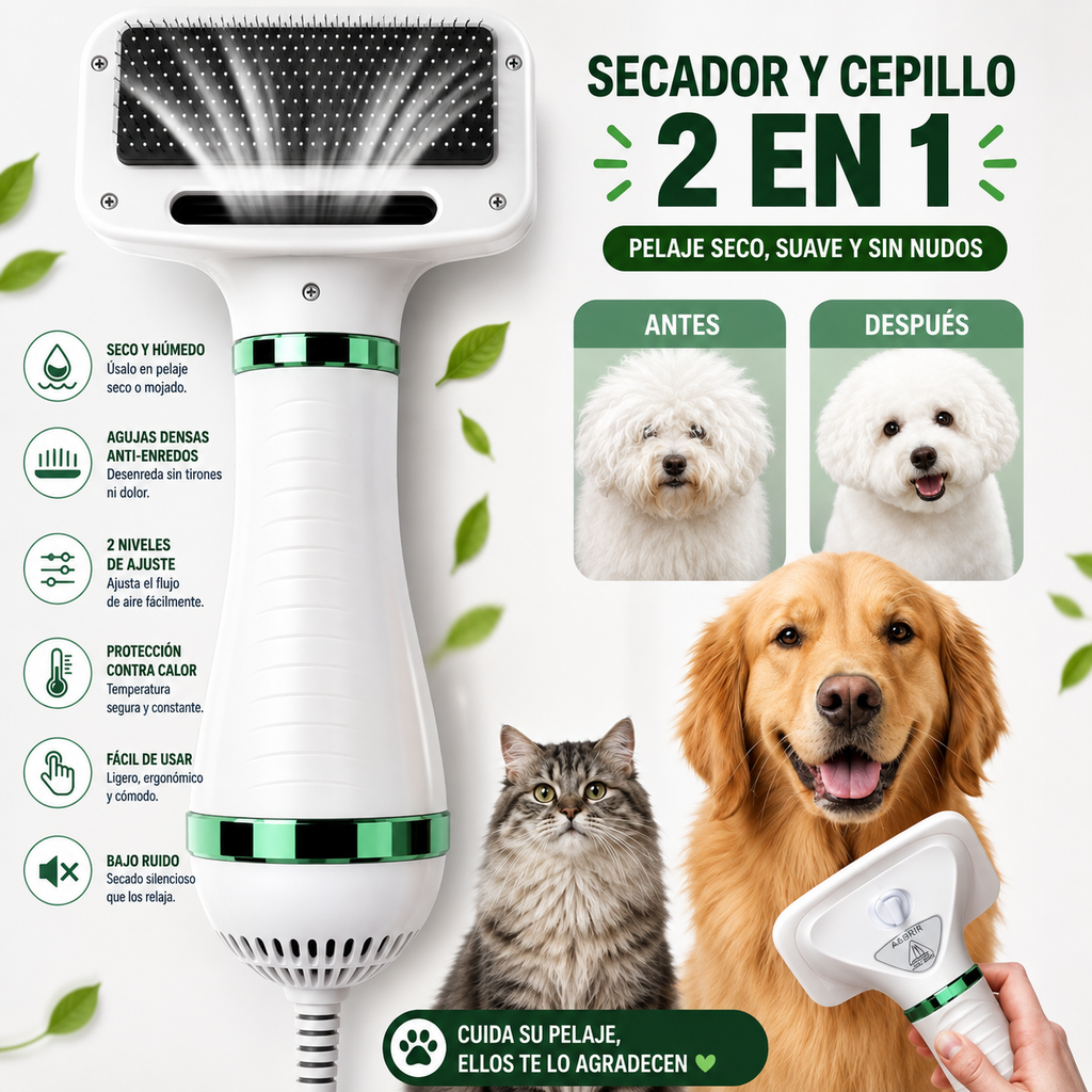 Cepillo secador y cepillo 2 en 1 para mascotas: seco y húmedo, agujas anti-enredos, 2 niveles, protección contra calor y bajo ruido