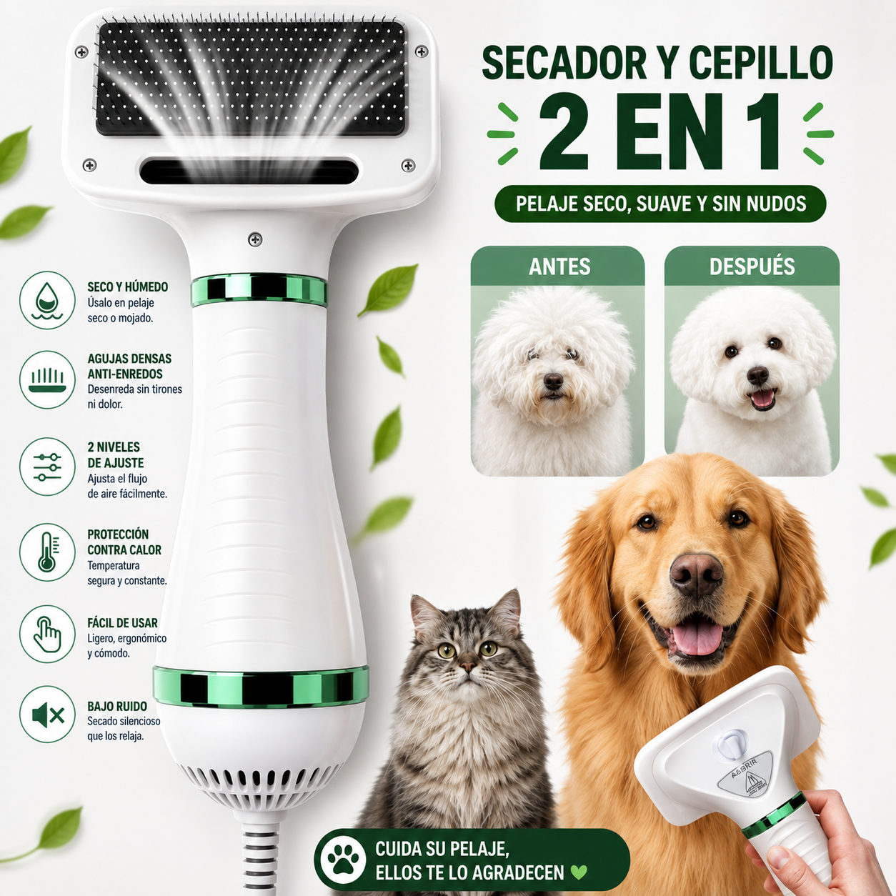 Cepillo secador y cepillo 2 en 1 para mascotas: seco y húmedo, agujas anti-enredos, 2 niveles, protección contra calor y bajo ruido