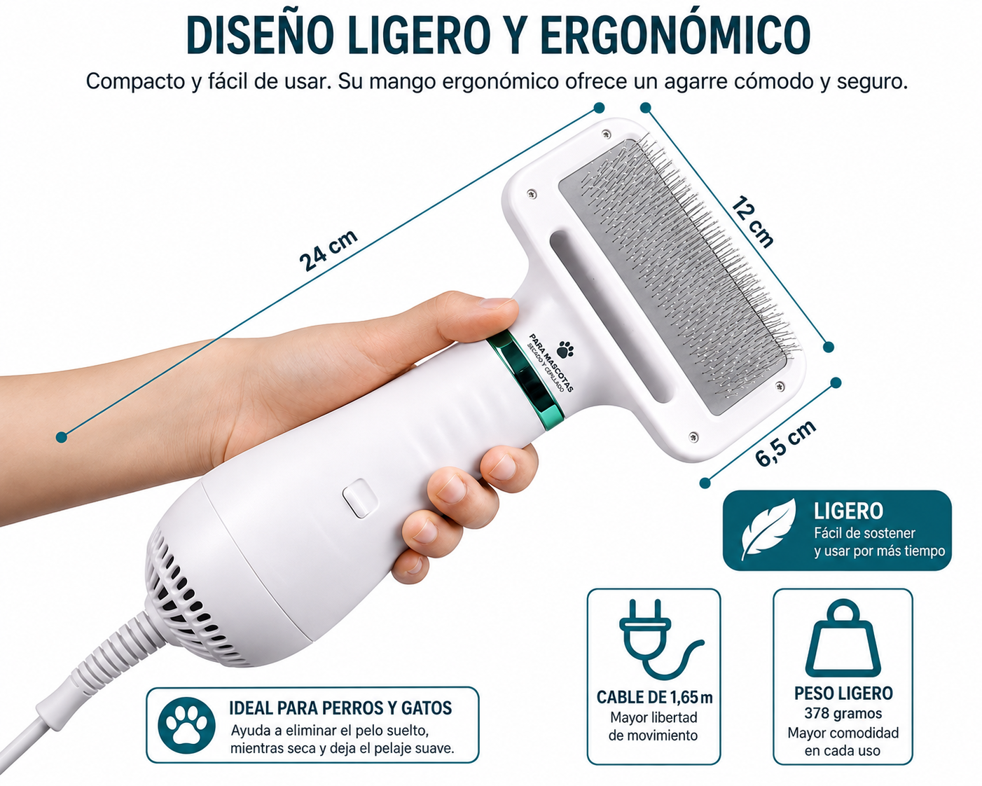 Diseño ligero y ergonómico del cepillo secador: 24 cm de largo, 12 cm de ancho, cable de 1,65 m sostenido en una mano