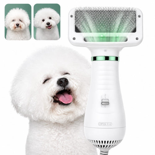Cepillo secador eléctrico para perros y gatos UYU en color blanco junto a un perro bichón frisé
