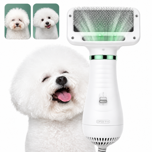 Cepillo secador eléctrico para perros y gatos UYU en color blanco junto a un perro bichón frisé